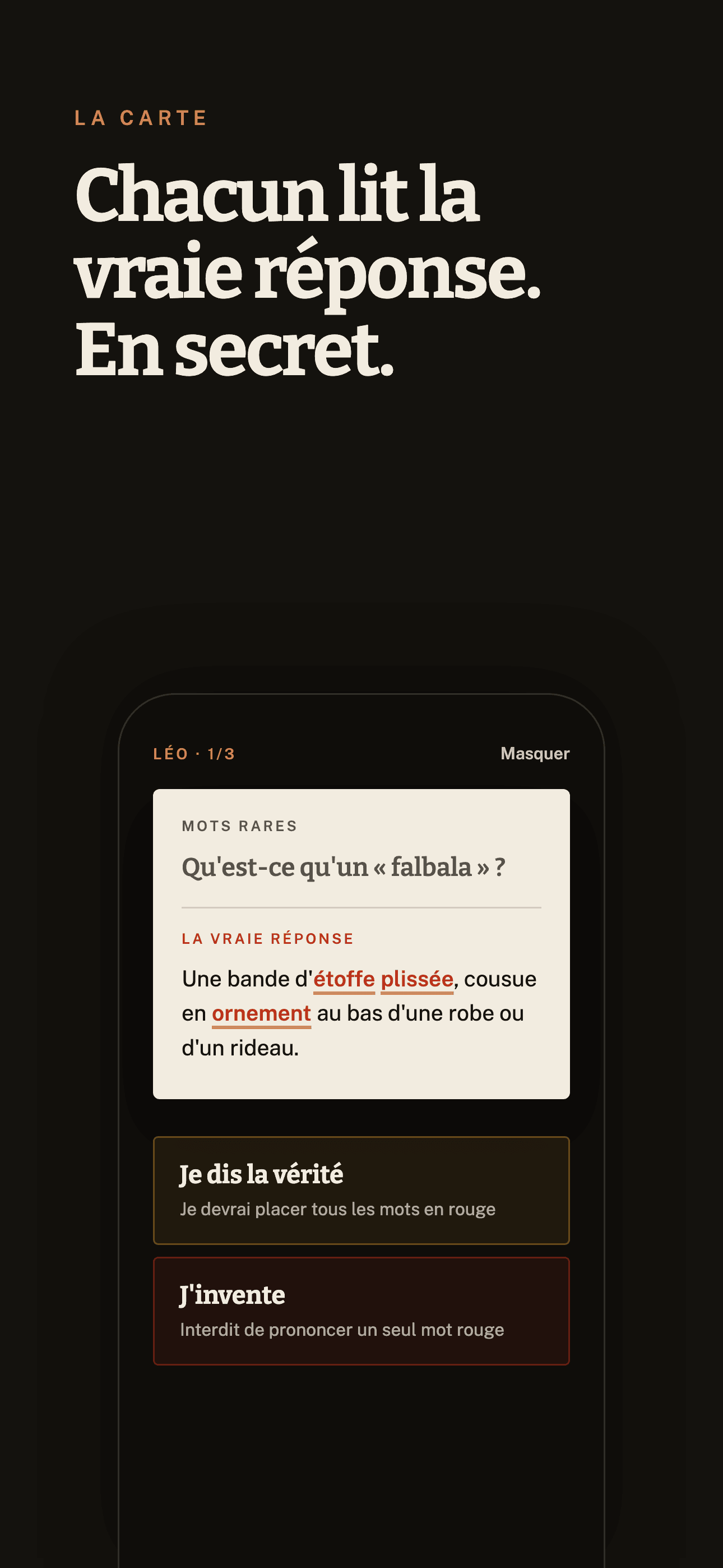 Écran secret Bluffo avec la vraie réponse et les mots rouges soulignés.
