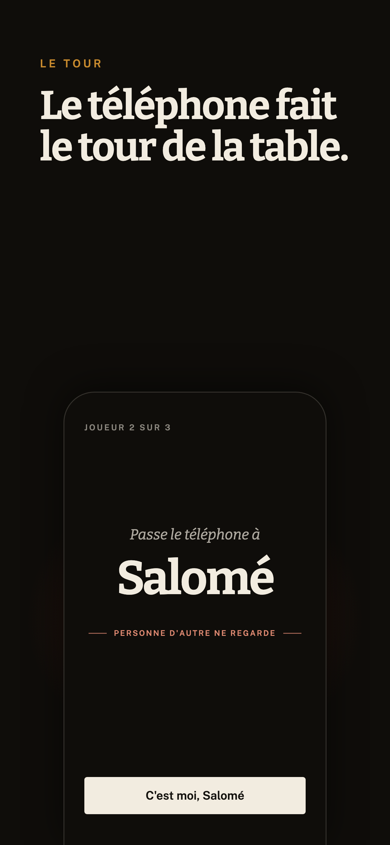 Écran de passage Bluffo — Passe le téléphone à Salomé.