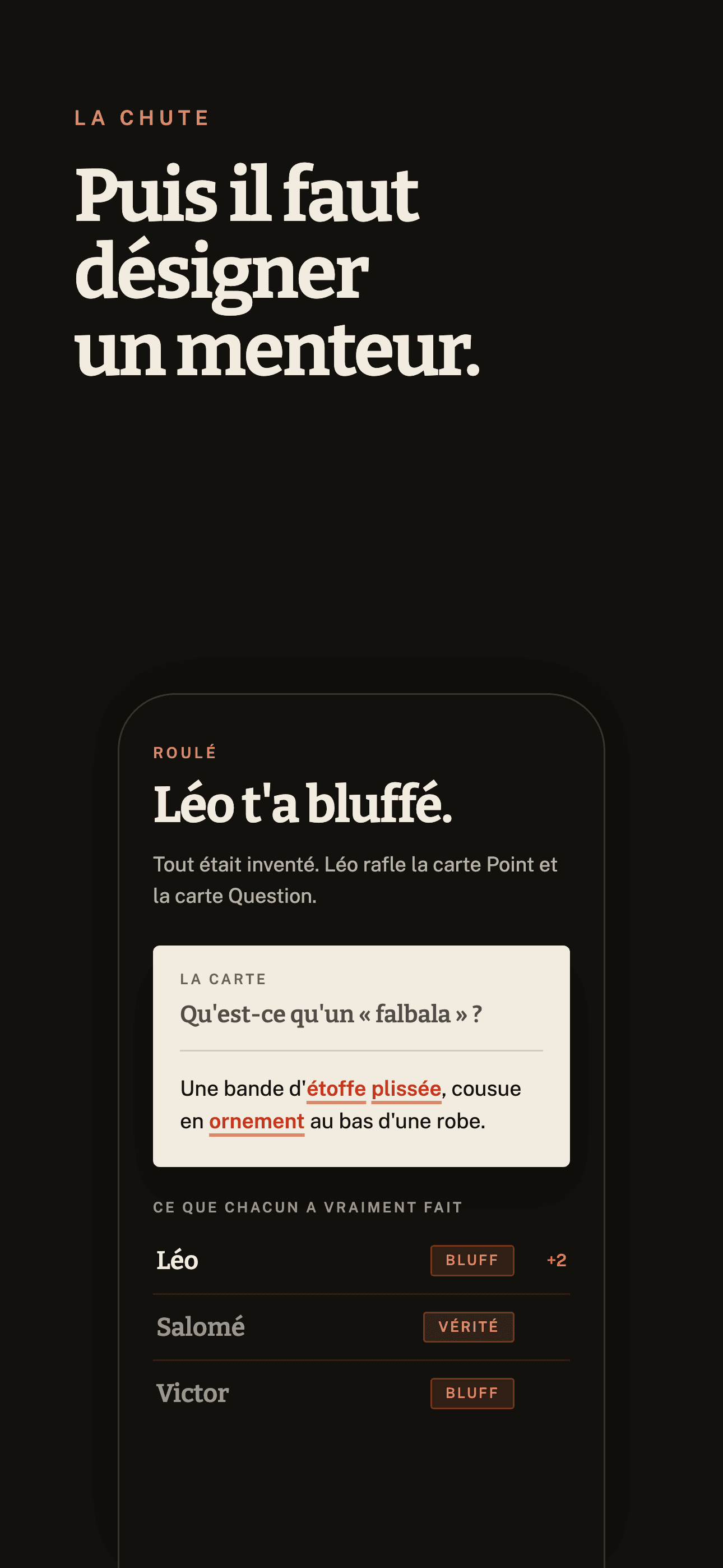 Écran de révélation Bluffo — Léo t'a bluffé.