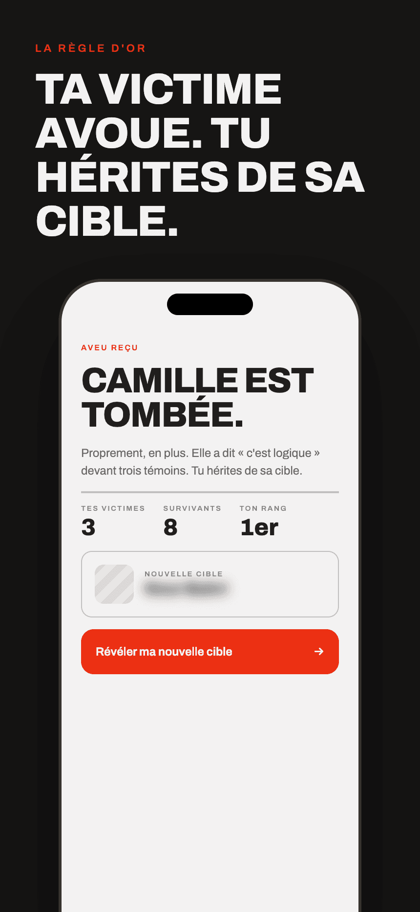 Écran d'aveu Interfector — Camille est tombée.