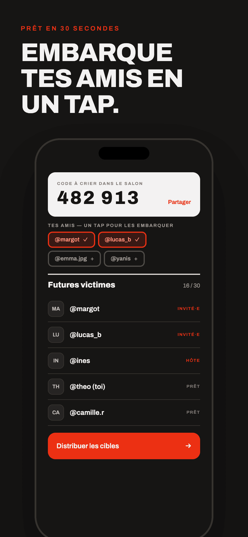 Écran lobby Interfector avec code 482 913 et liste des joueurs.