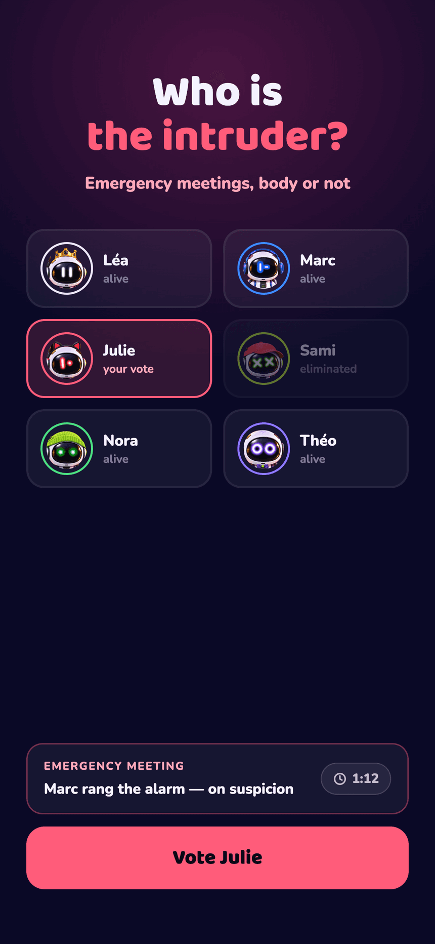 Intrus voting screen — Marc rang the alarm on suspicion, six players including Sami eliminated, “Vote Julie” button.