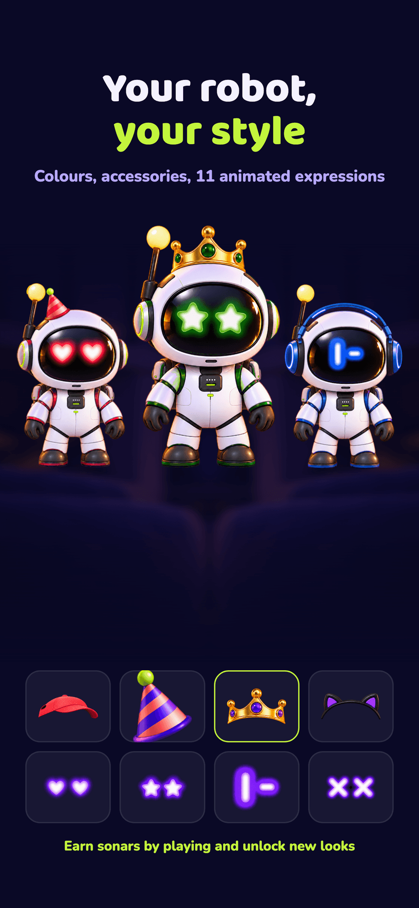 Intrus customisation screen — three robots (party hat, crown, headphones) and a grid of accessories and expressions.